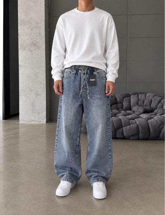 KEPS(1329) MAVİ LASTİKLİ BAGGY JEANS