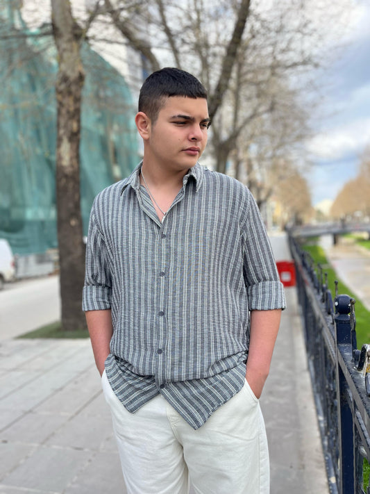 GRİ (1431) ÇİZGİLİ OWERSİZE  GÖMLEK